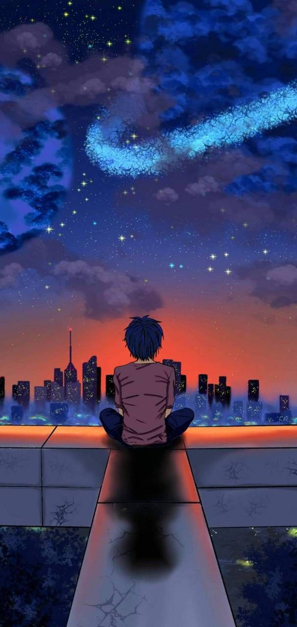 On The Rooftop Alone Boy Anime Wallpaper