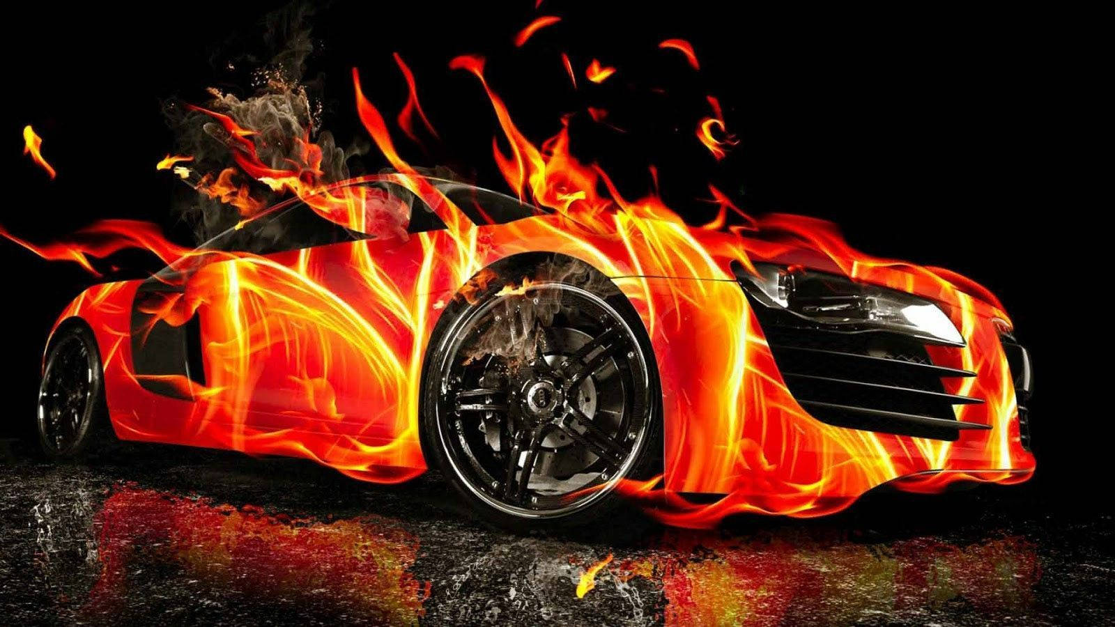 Orange Fire Car With Black Tires Wallpaper