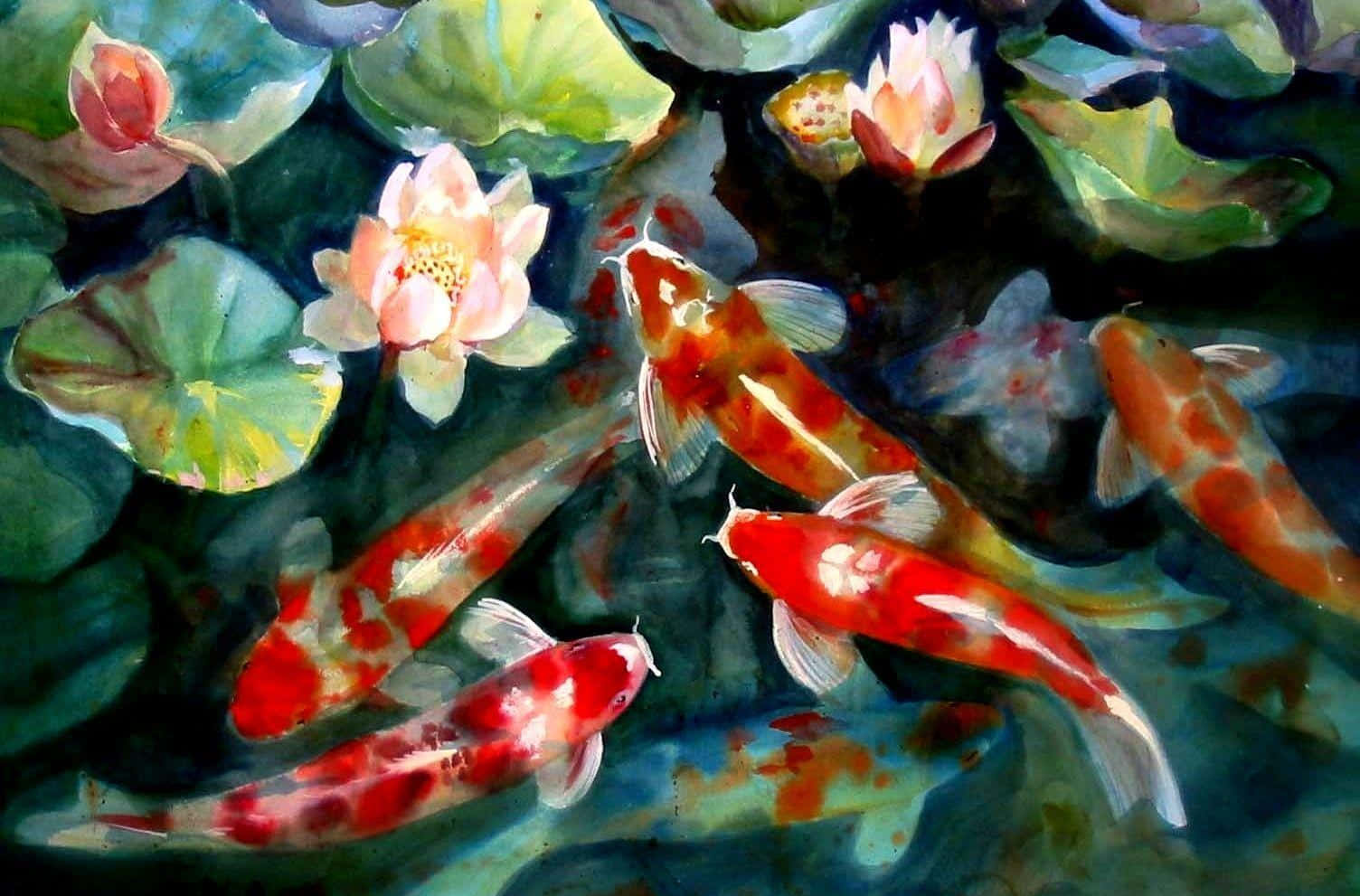 Orange Live Koi Fish And Lotus Wallpaper