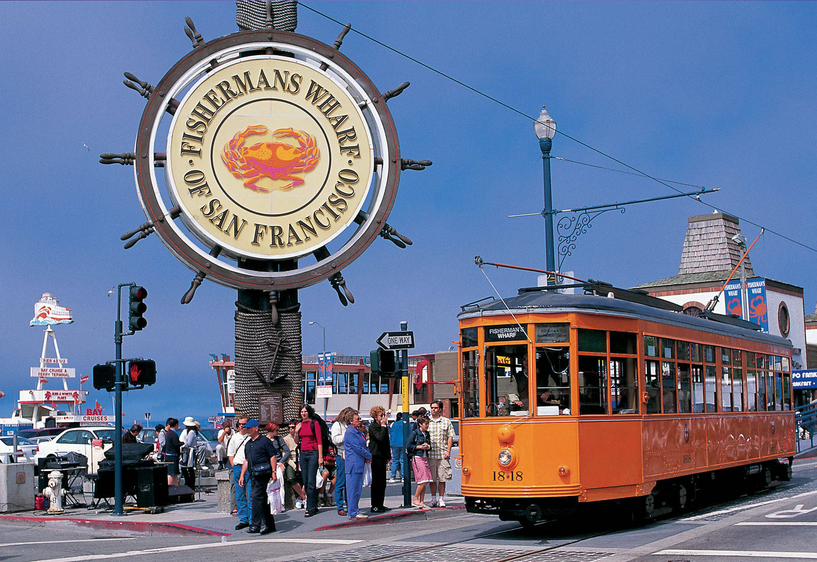 Orange Tram By Fishermans Wharf Sign Wallpaper