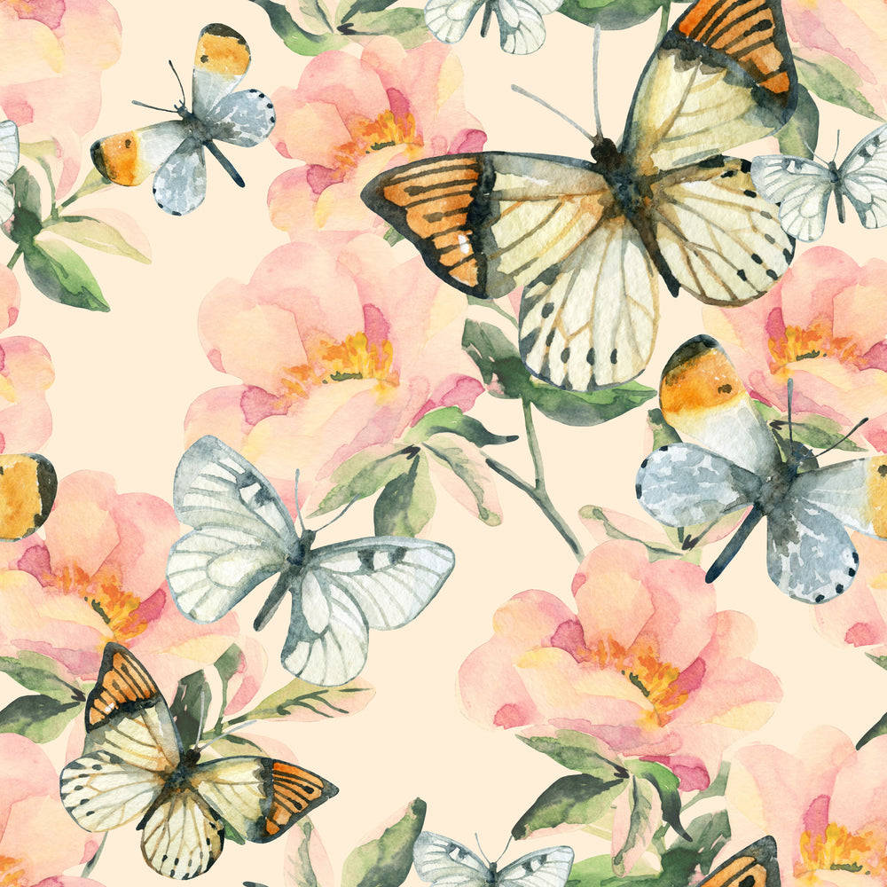 Pastel Butterfly Pattern And Pink Flowers Wallpaper