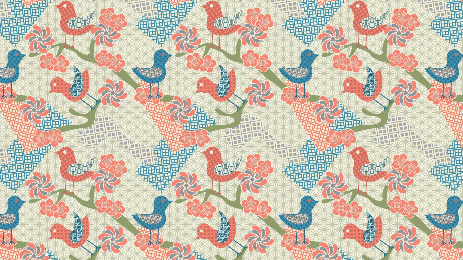 Pastel Tree Bird Pattern Wallpaper