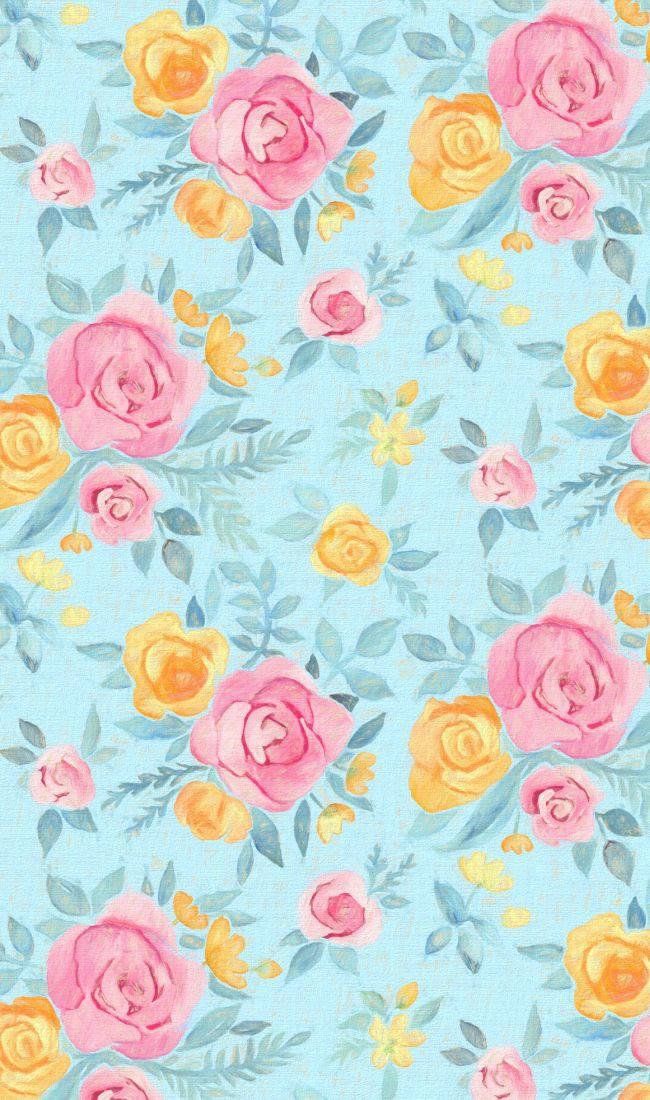 Pink And Orange Floral On Blue Background Wallpaper