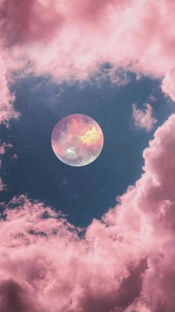 Pink Full Moon Clouds Aesthetics Wallpaper