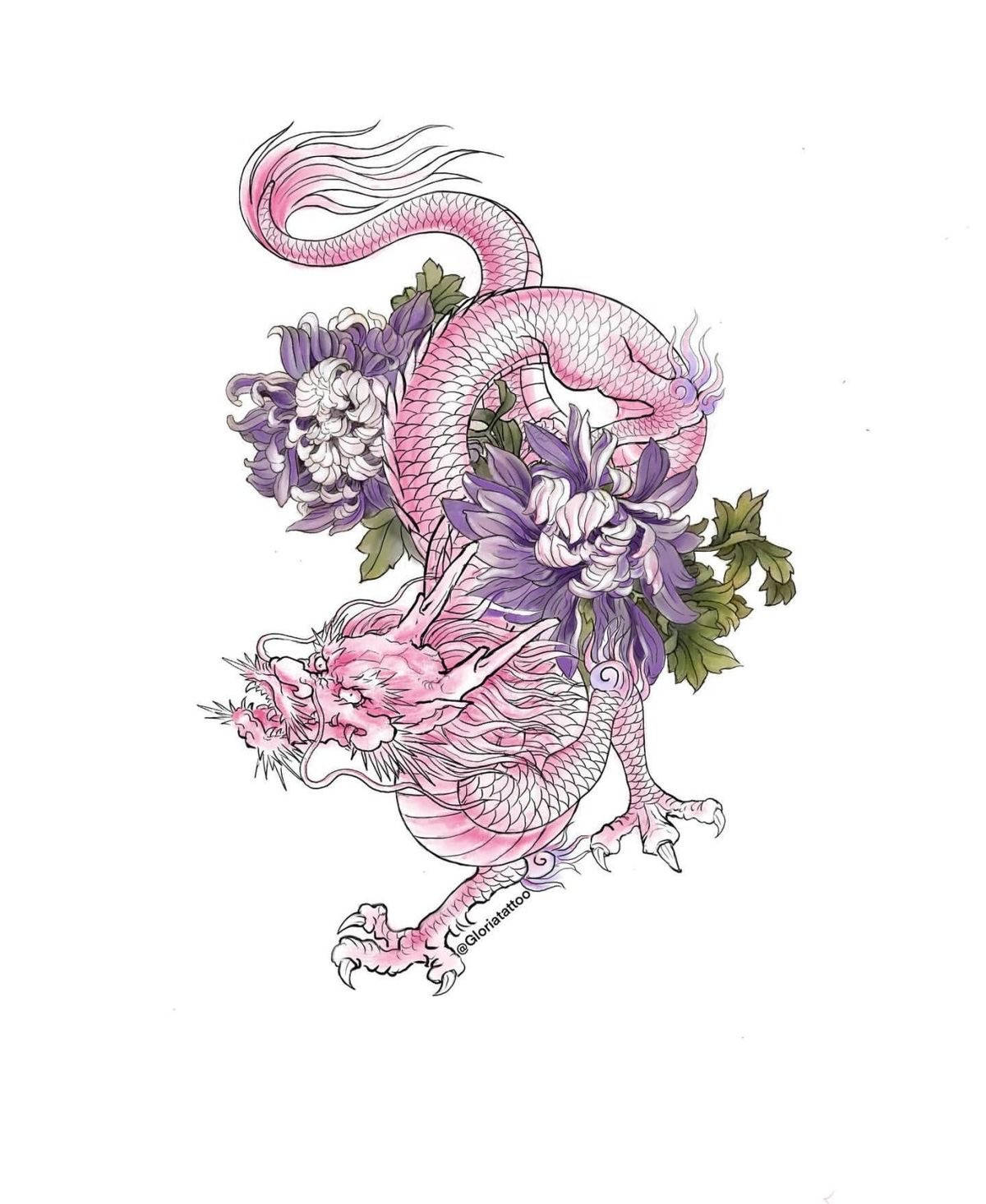 Pink Japanese Dragon Tattoo With Flower Wallpaper