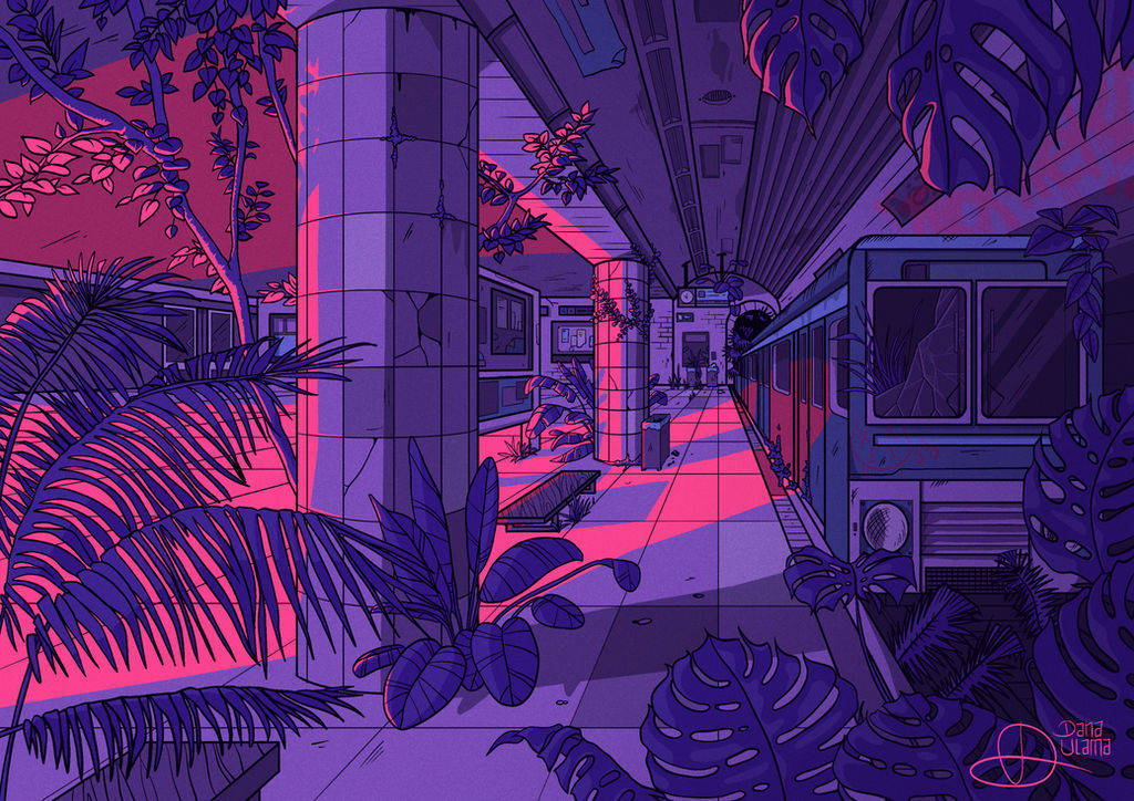 Pink Train Station Digital Art Wallpaper