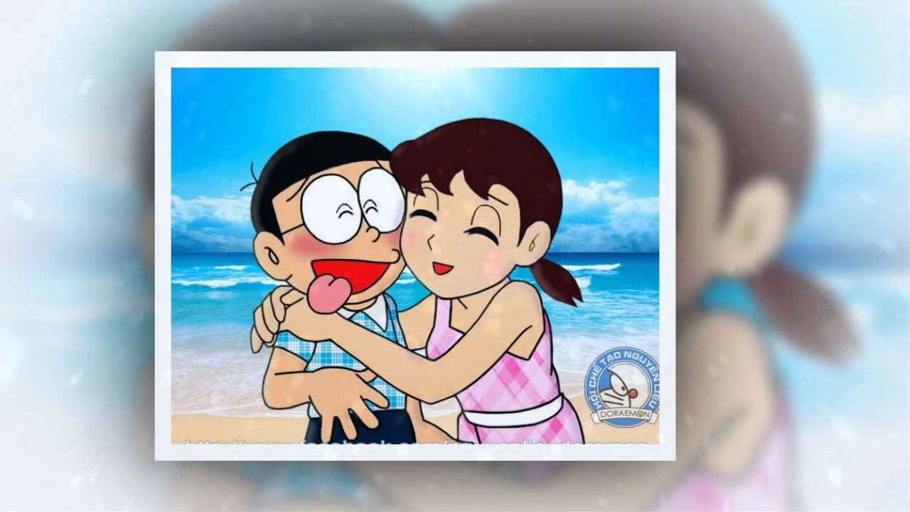 Polaroid Of Cute Nobita And Shizuka At Beach Wallpaper