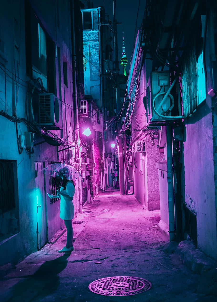 Portrait Photography Purple Neon Light Sidewalk Wallpaper