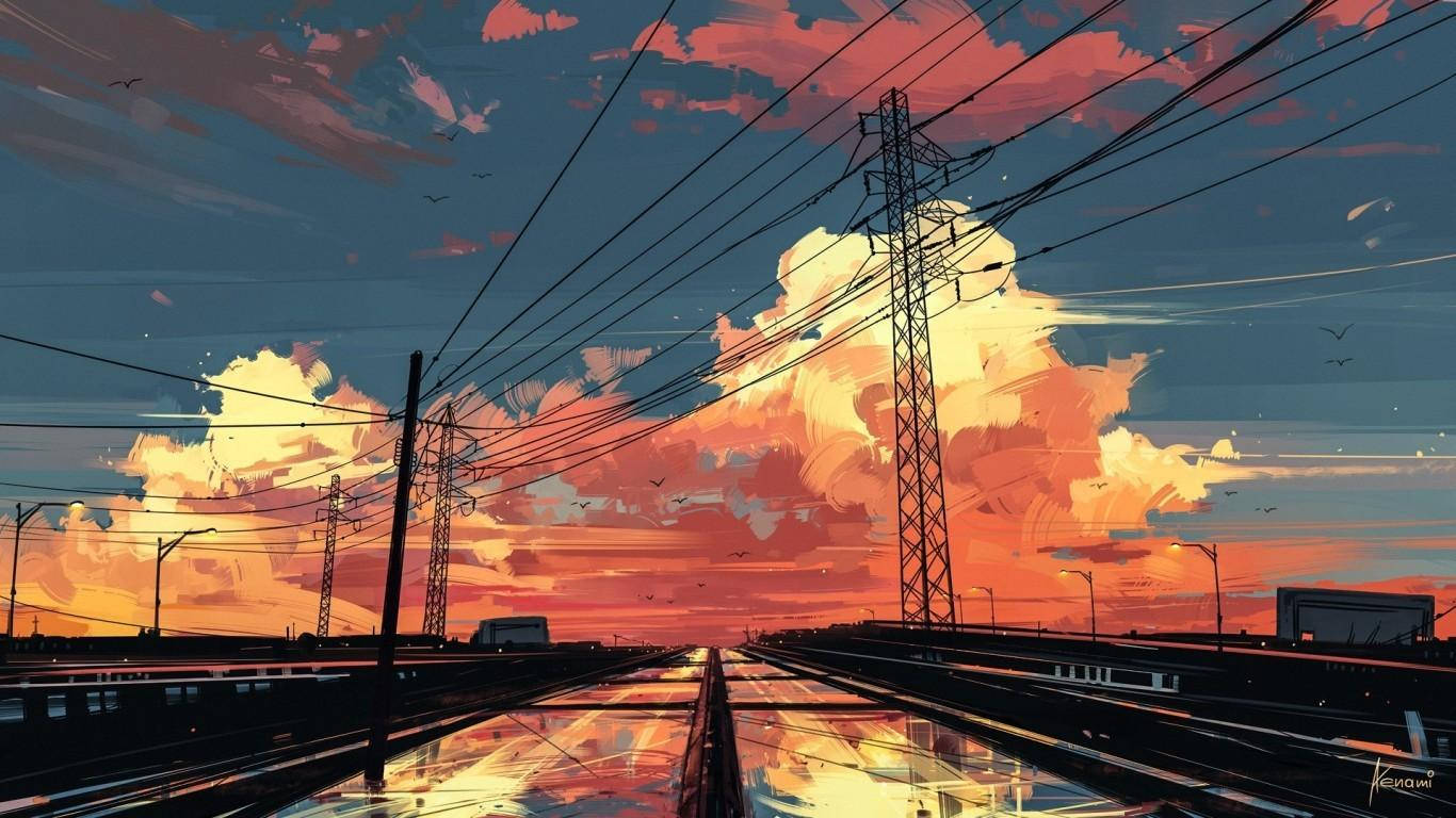 Power Line Tower Anime Aesthetic Sunset Wallpaper