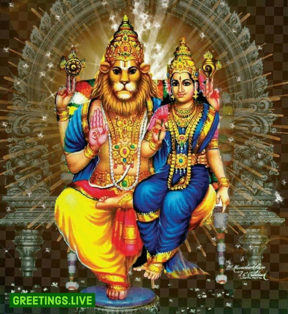 Powerful Lord Narasimha And Lakshmi Wallpaper