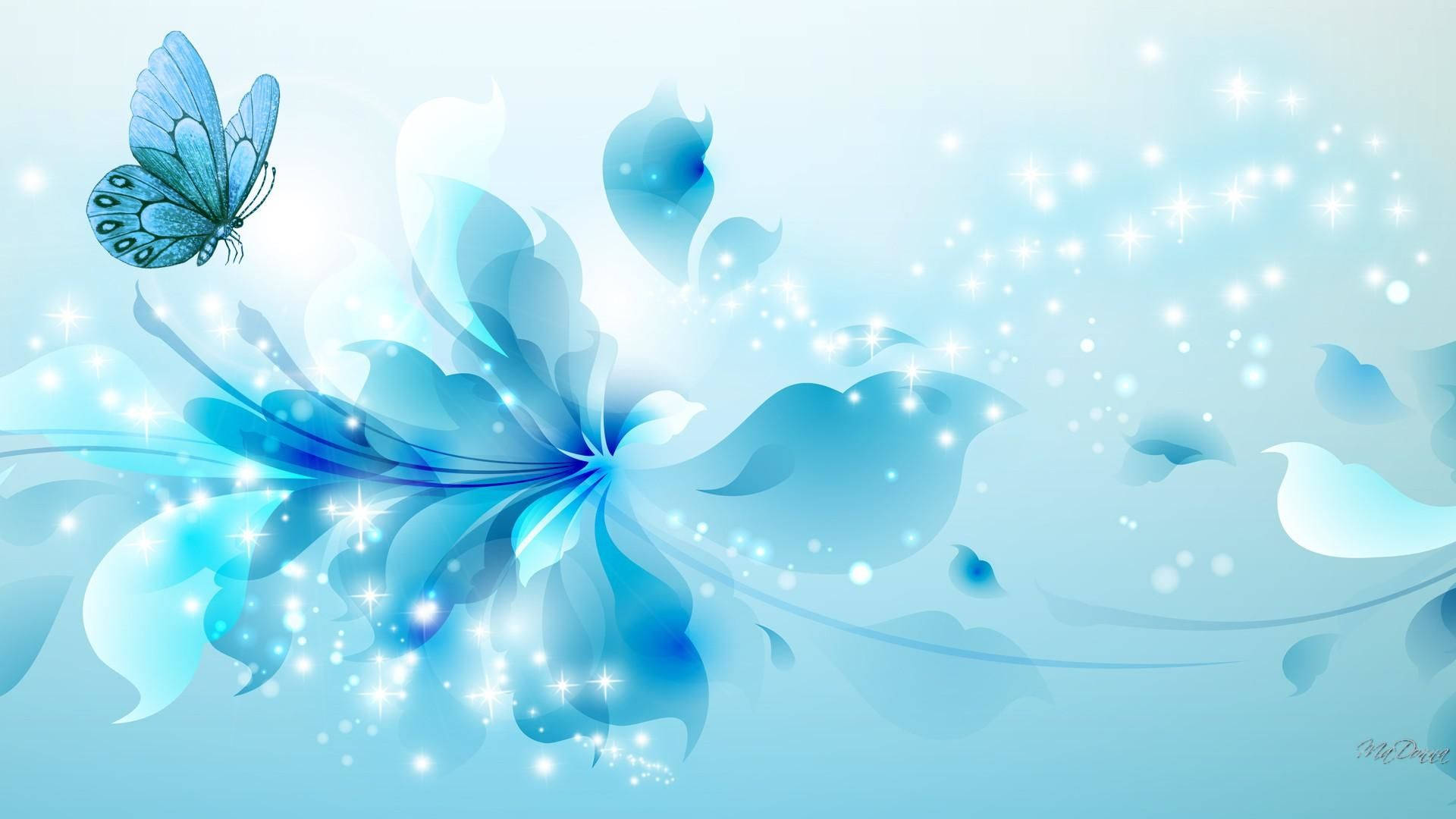 Pretty Blue Flowers And Butterflies Graphic Wallpaper