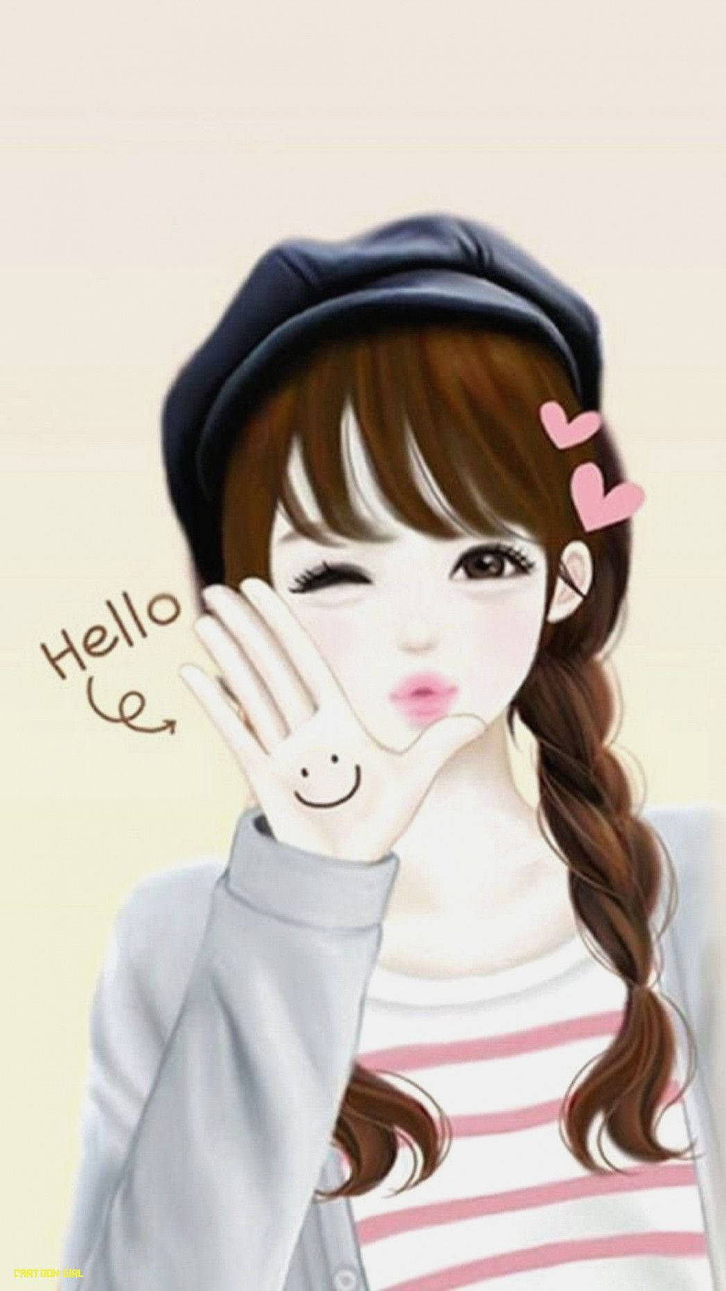 Pretty Girl Cartoon With Hello Text Wallpaper