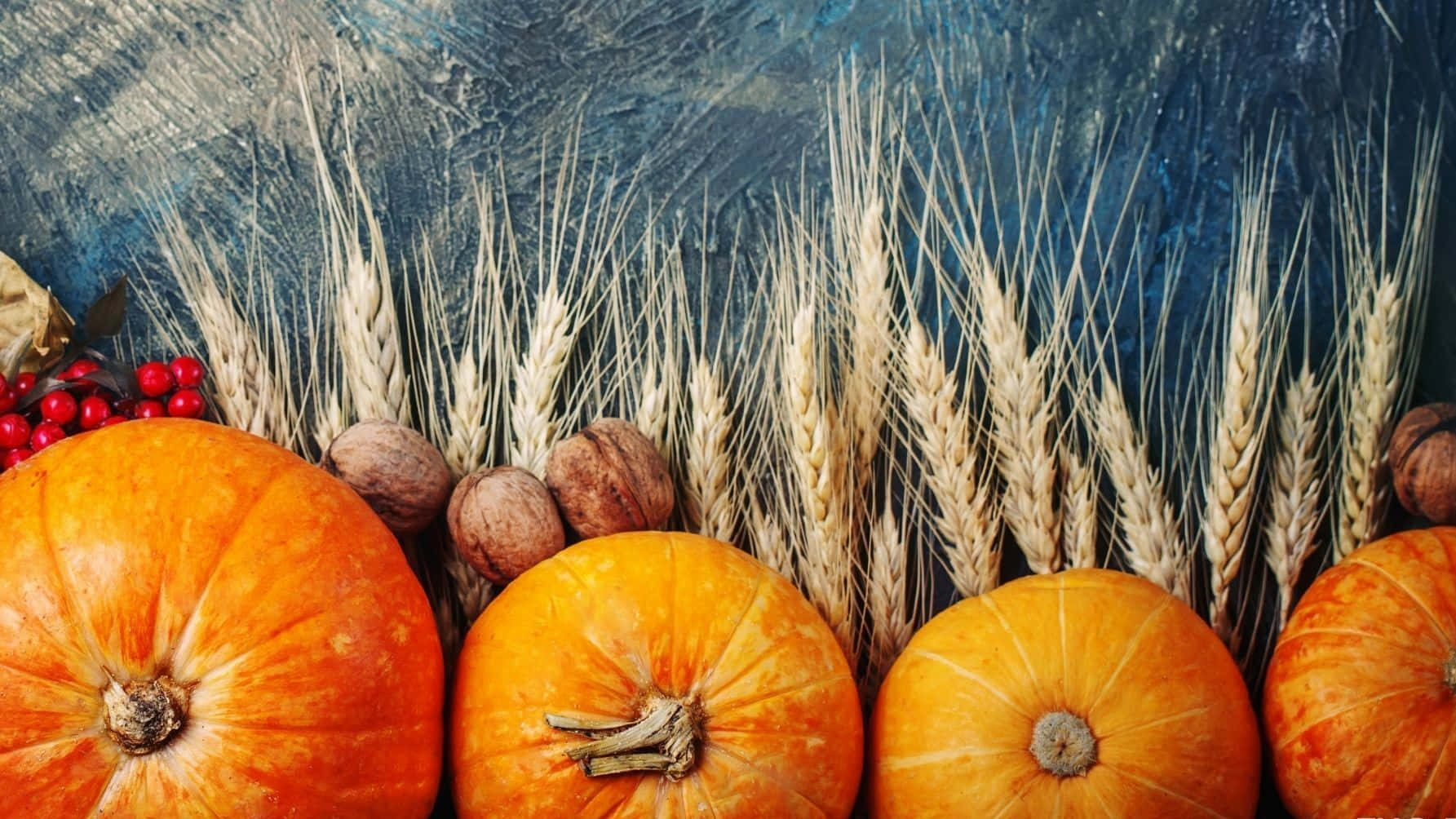 Pumpkins, Pears, Cranberries And Wheat On A Blue Background Wallpaper