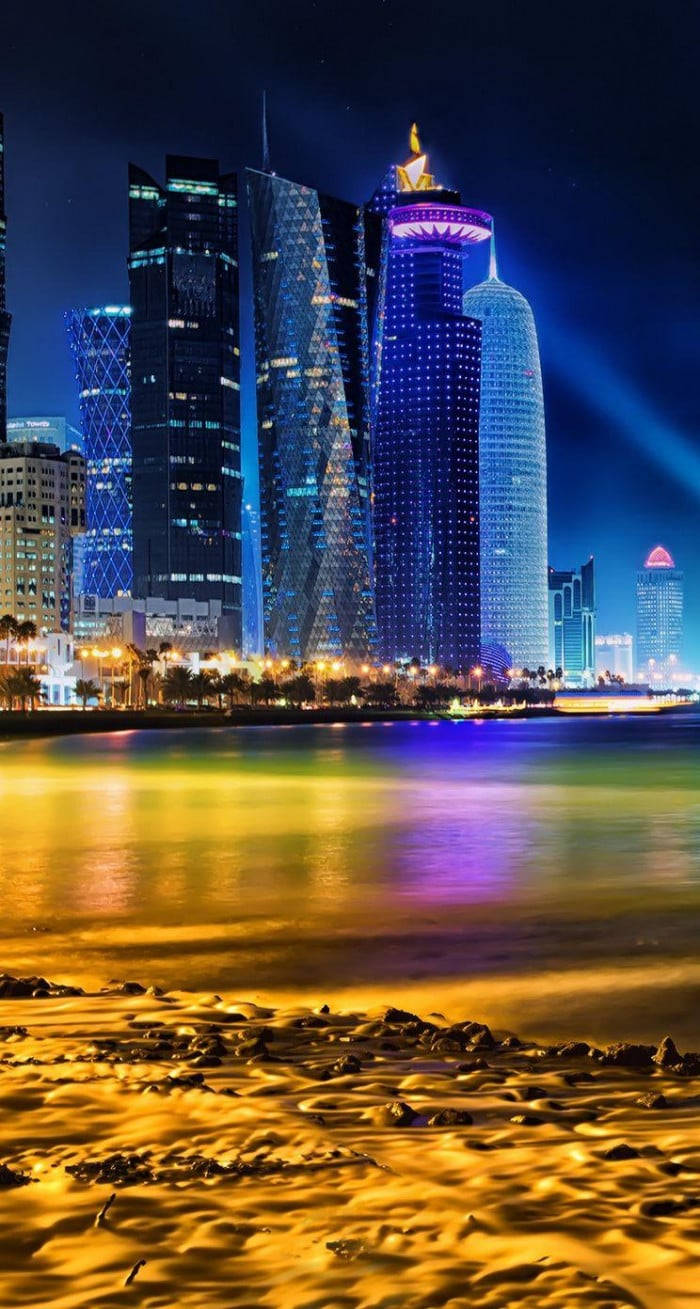 Purple Blue Skyscraper Beach Wallpaper