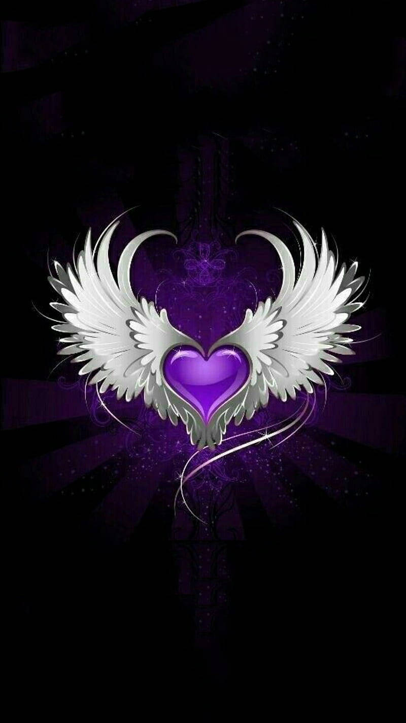 Purple Heart With Wings Black Backdrop Wallpaper