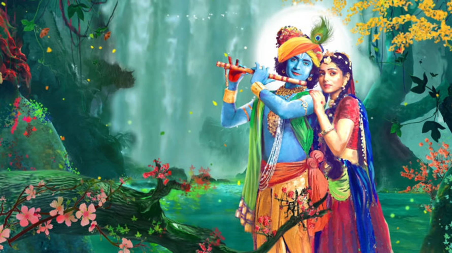 Radha And Krishna Desktop Waterfall Art Wallpaper