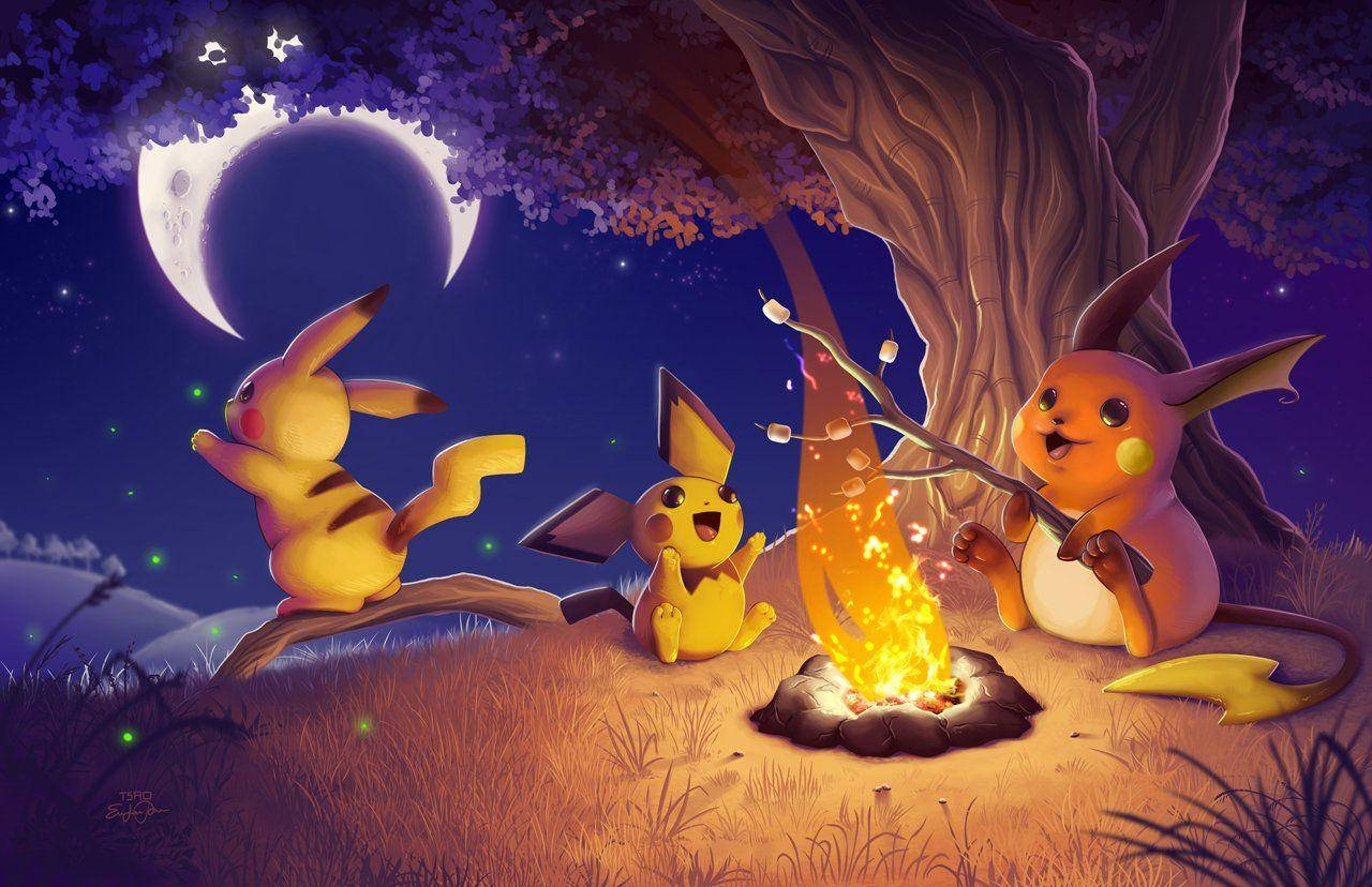 Raichu, Pichu And Pikachu Campfire Wallpaper