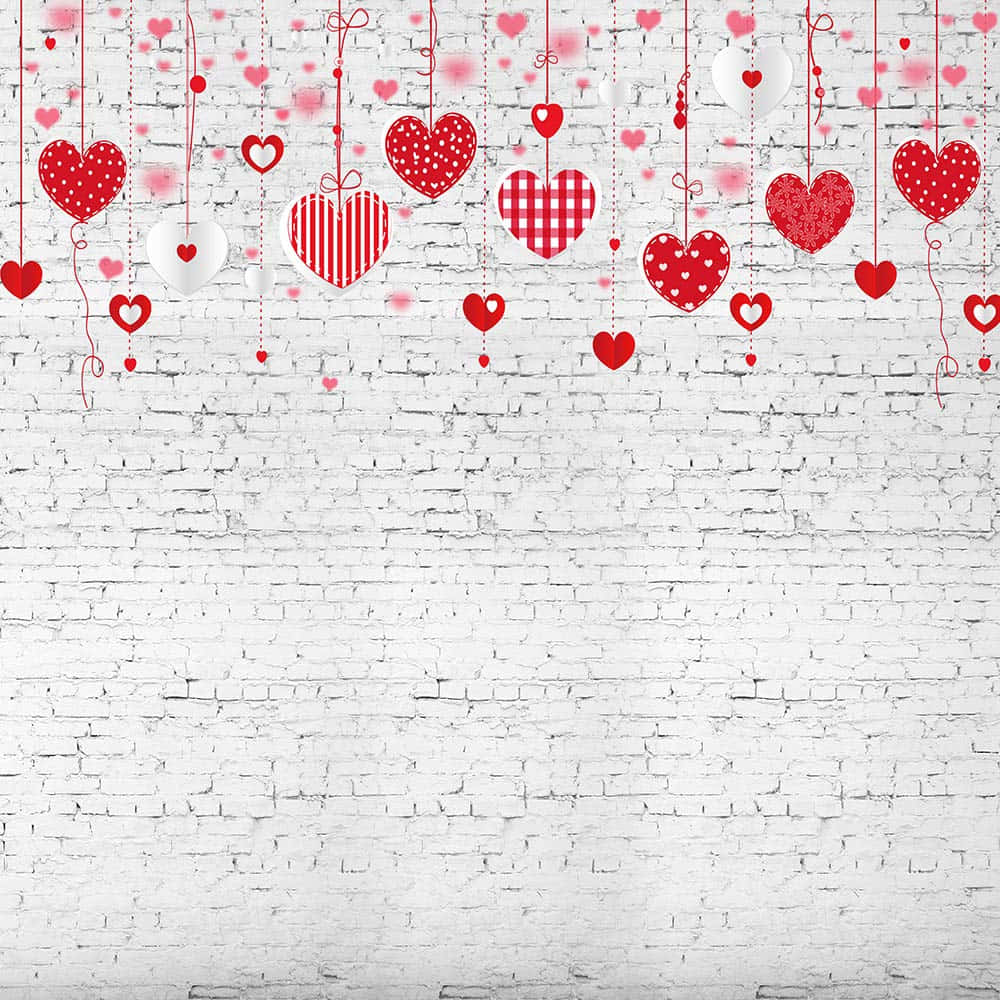 Red Cute Valentines Day Hearts Banner With Brick Wall Wallpaper