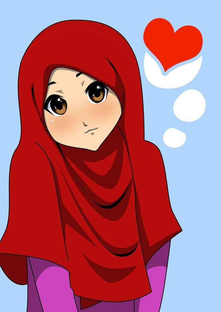 Red Hijab Cartoon Wallpaper