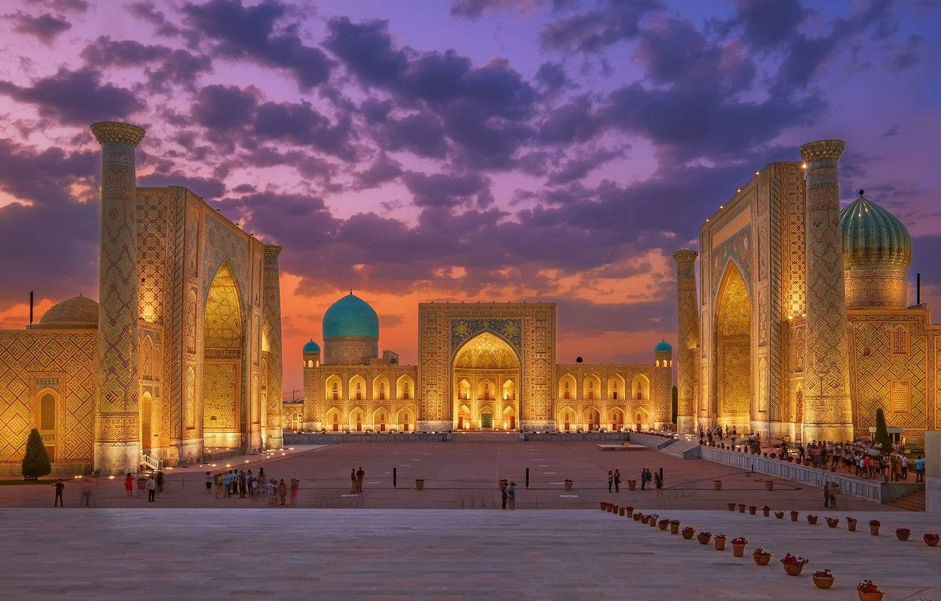 Registan Square, Samarkand - Night Illumination Wallpaper