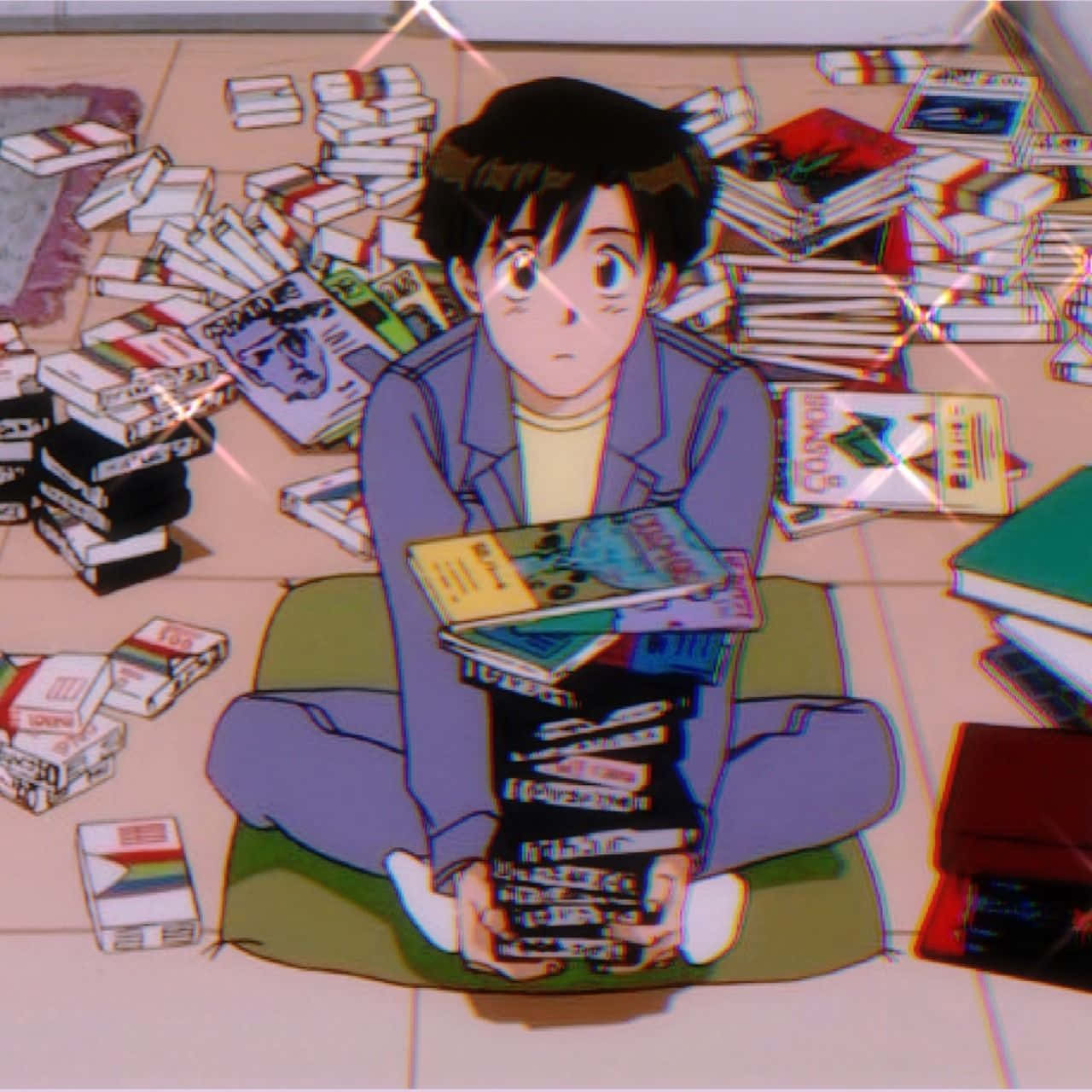 Retro Anime Holding Books Wallpaper