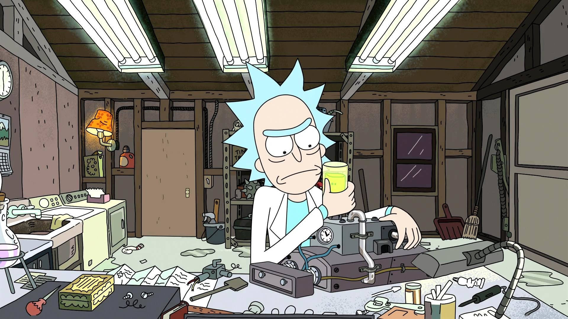 Rick And Morty Fixing Gadgets Wallpaper