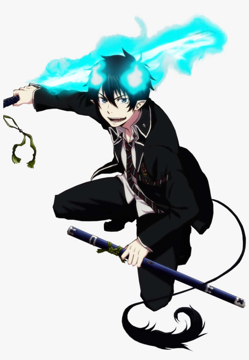 Rin Okumura Poised For Action In The Blue Flames Wallpaper