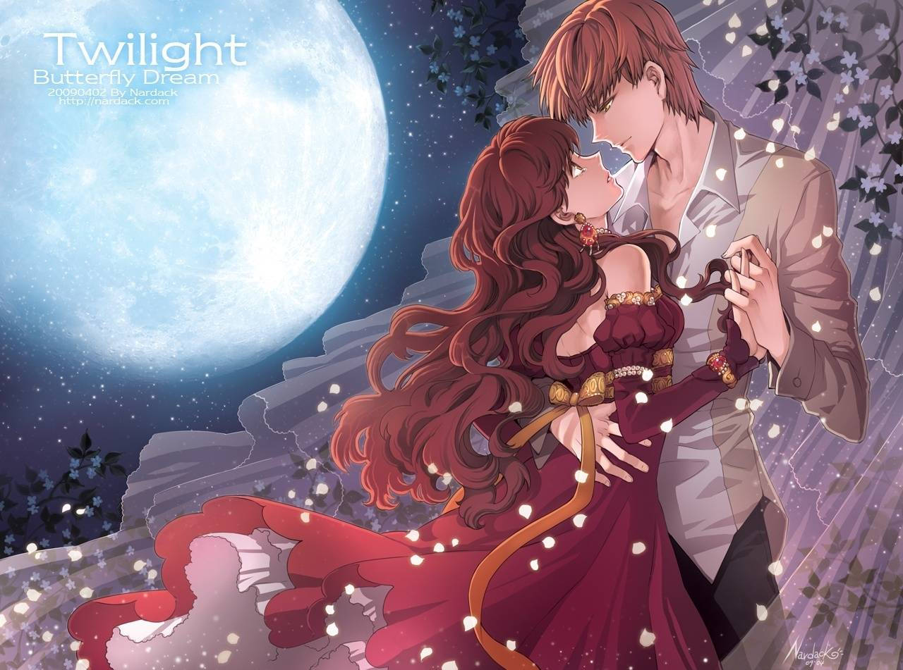 Romantic Anime Couple Dancing Under Moon Wallpaper