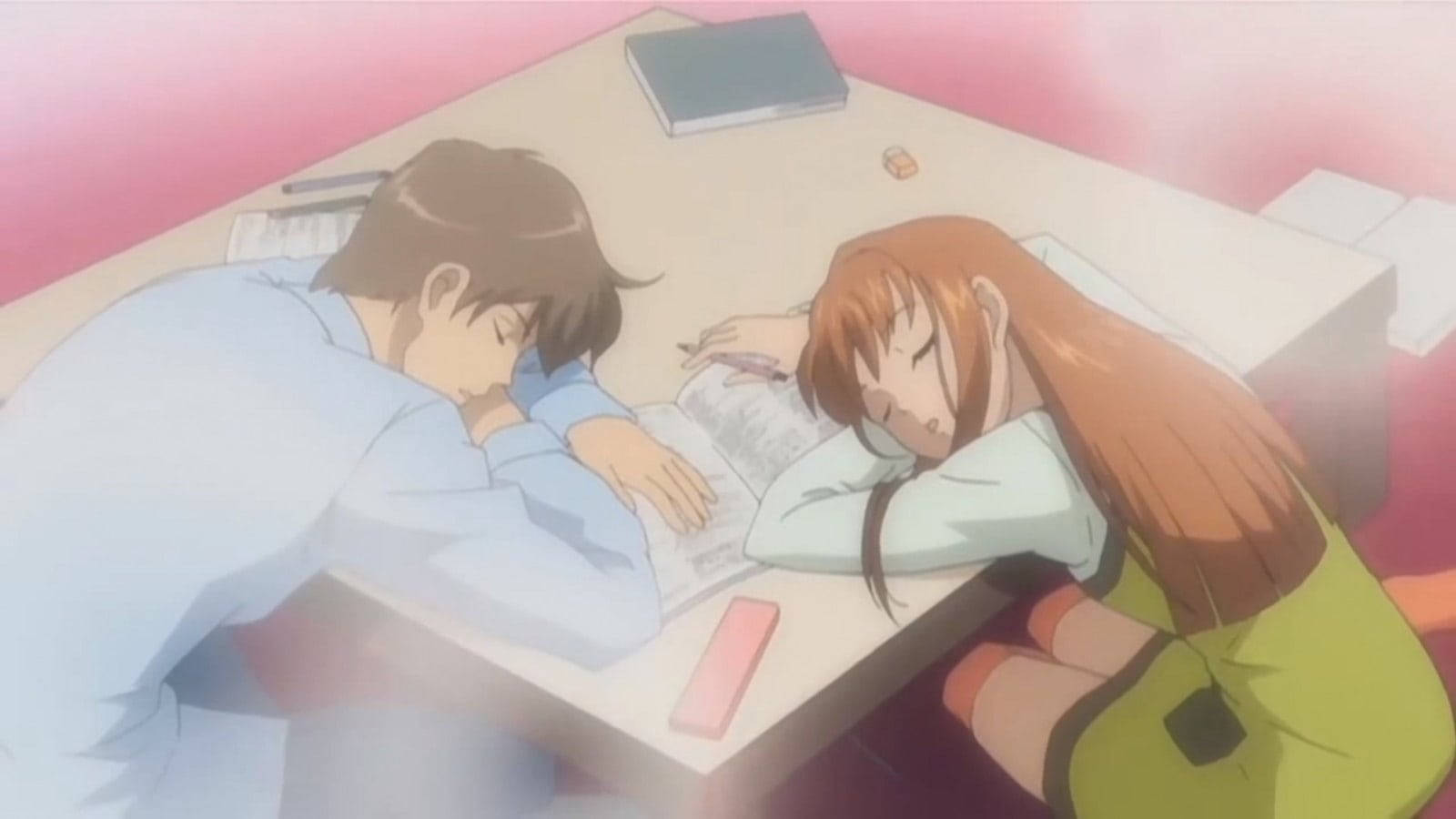 Romantic Anime Couples Sleeping On Table Wallpaper