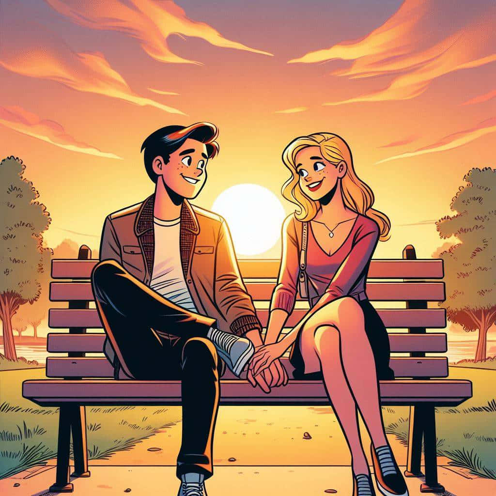Romantic Sunset Park Bench Date Wallpaper