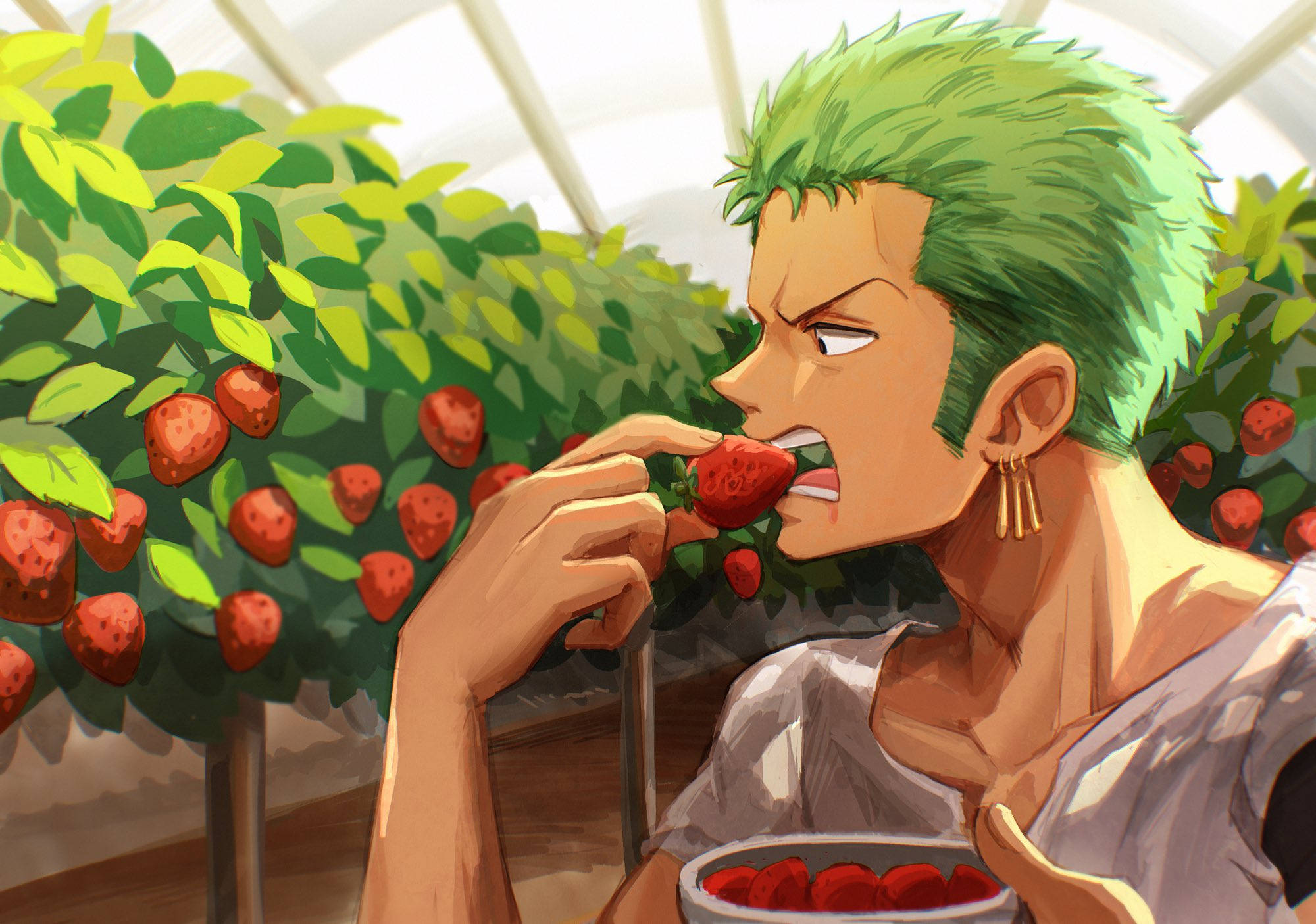 Roronoa Zoro Pfp Eating Strawberries Wallpaper