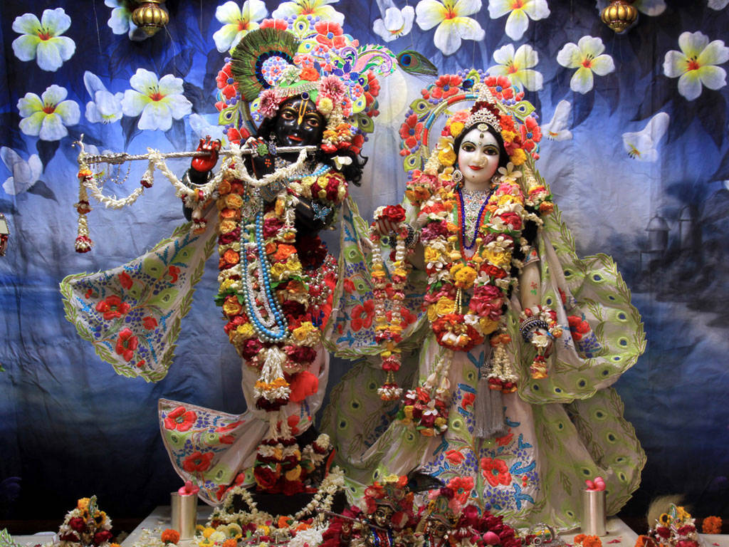 Sacred Divine Love - Radha And Krishna With Plumeria Flowers Wallpaper