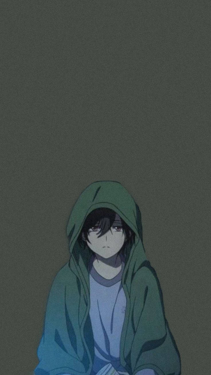 Sad Boy Anime Green Hoody Wallpaper