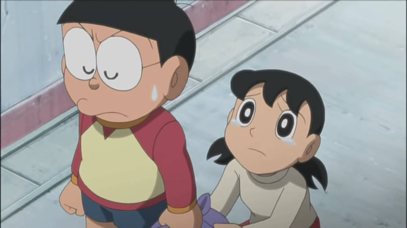 Sad Nobita And Kneeling Shizuka Doraemon Wallpaper
