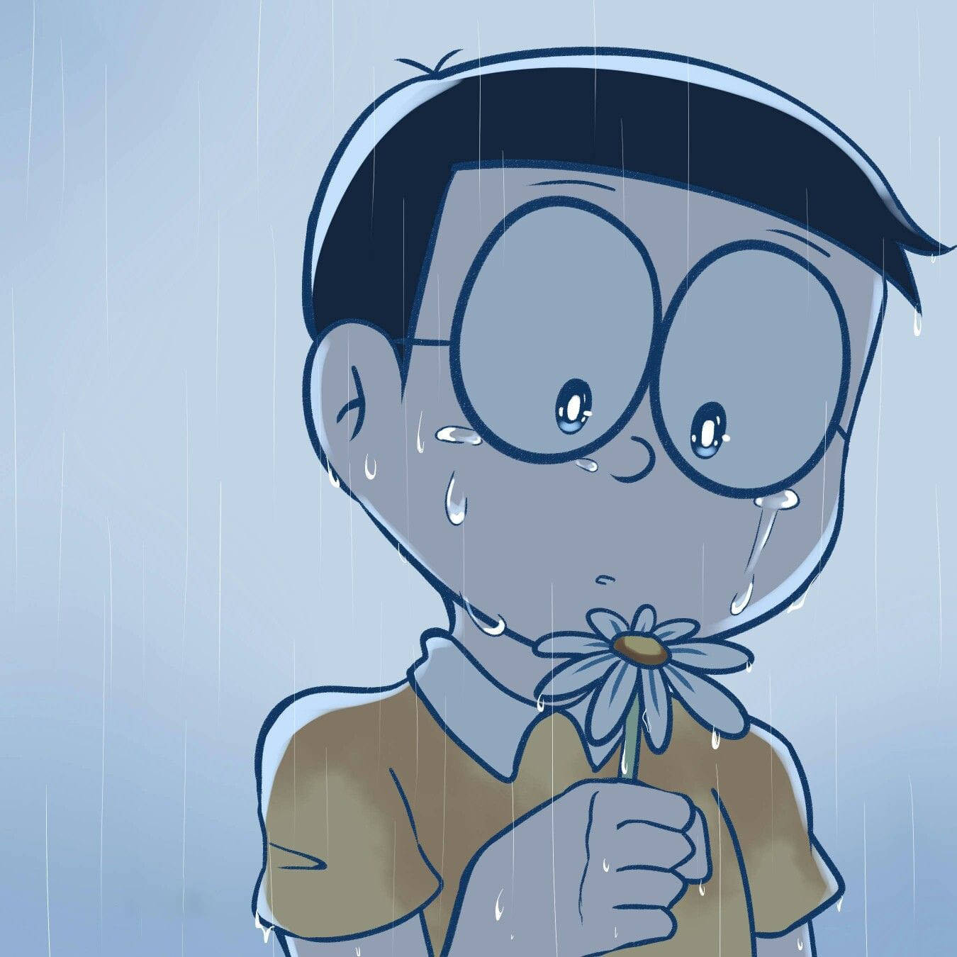 Sad Nobita Holding Flower Doraemon Wallpaper