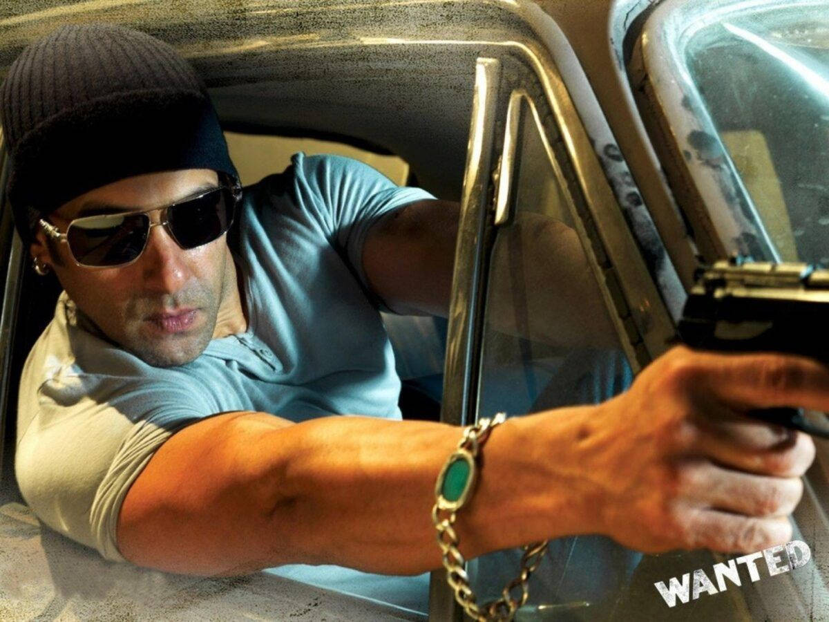 Salman Khan Hd Wanted Aiming Gun In Car Wallpaper