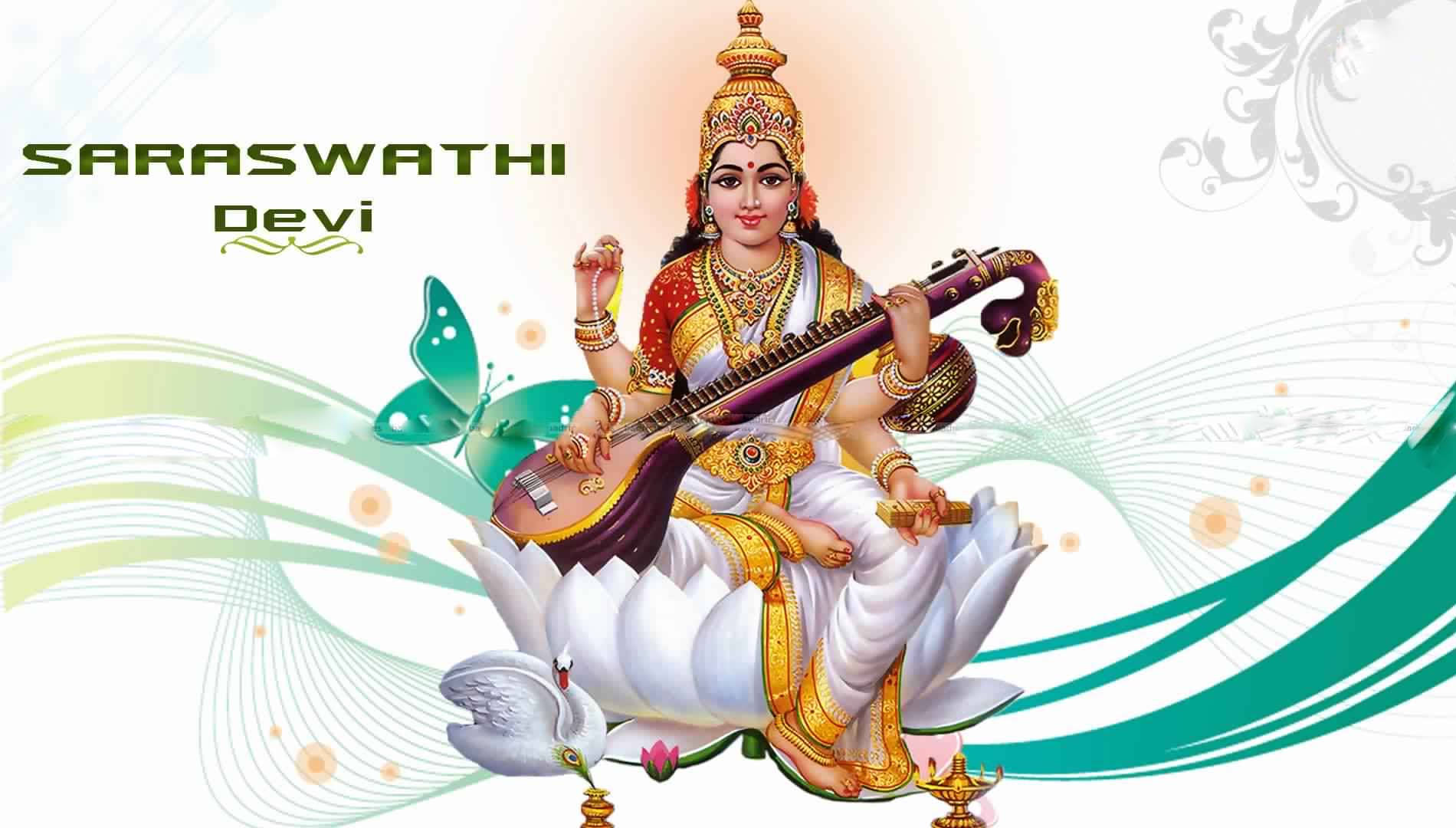 Saraswati Mata Green Butterfly Wallpaper