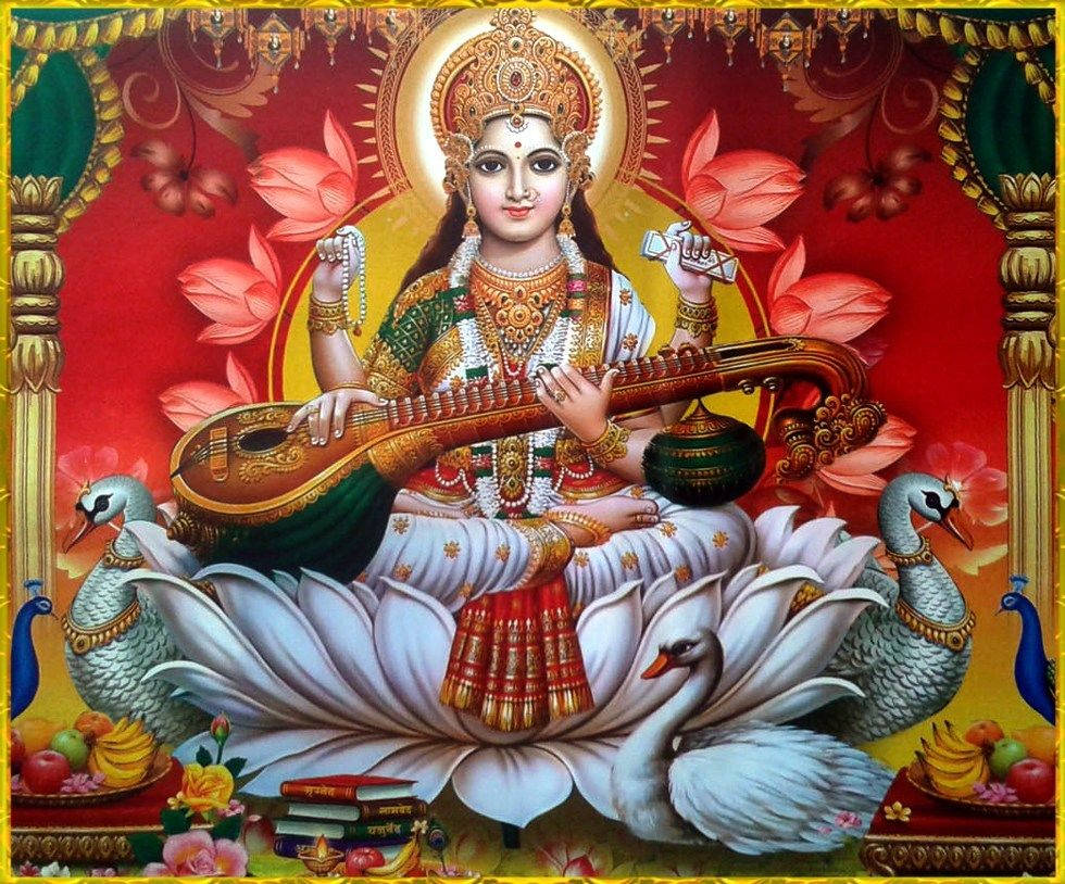 Saraswati Mata With Birds Wallpaper