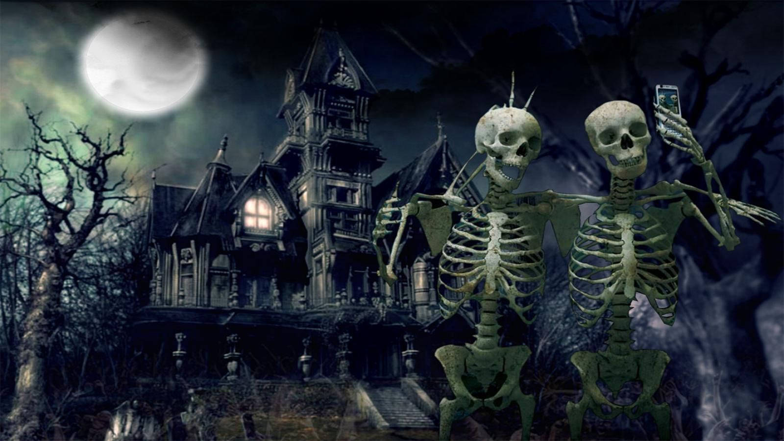 Scary Halloween Skeletons Taking Selfie Wallpaper