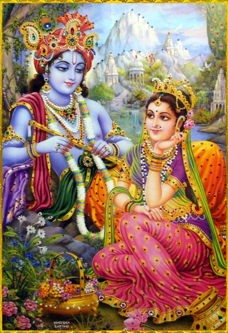 Serene Gaze Of Divine Love - Krishna And Radha In A Beautiful Garden Wallpaper