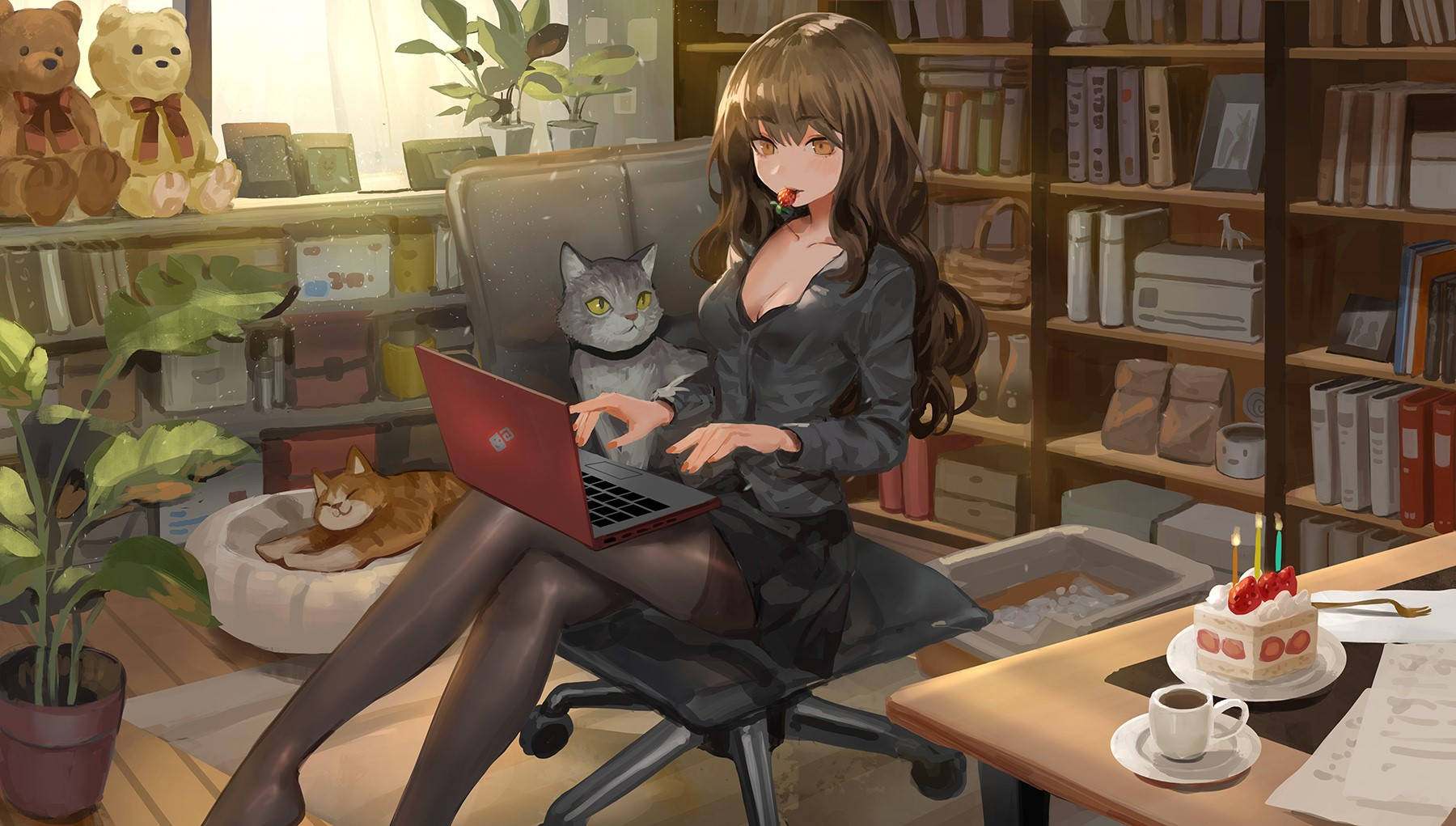 Sexy Goth Anime Girl Typing On Laptop Wallpaper