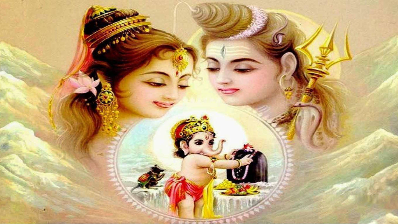Shiv Parivar Golden Backdrop Baby Ganesha Wallpaper