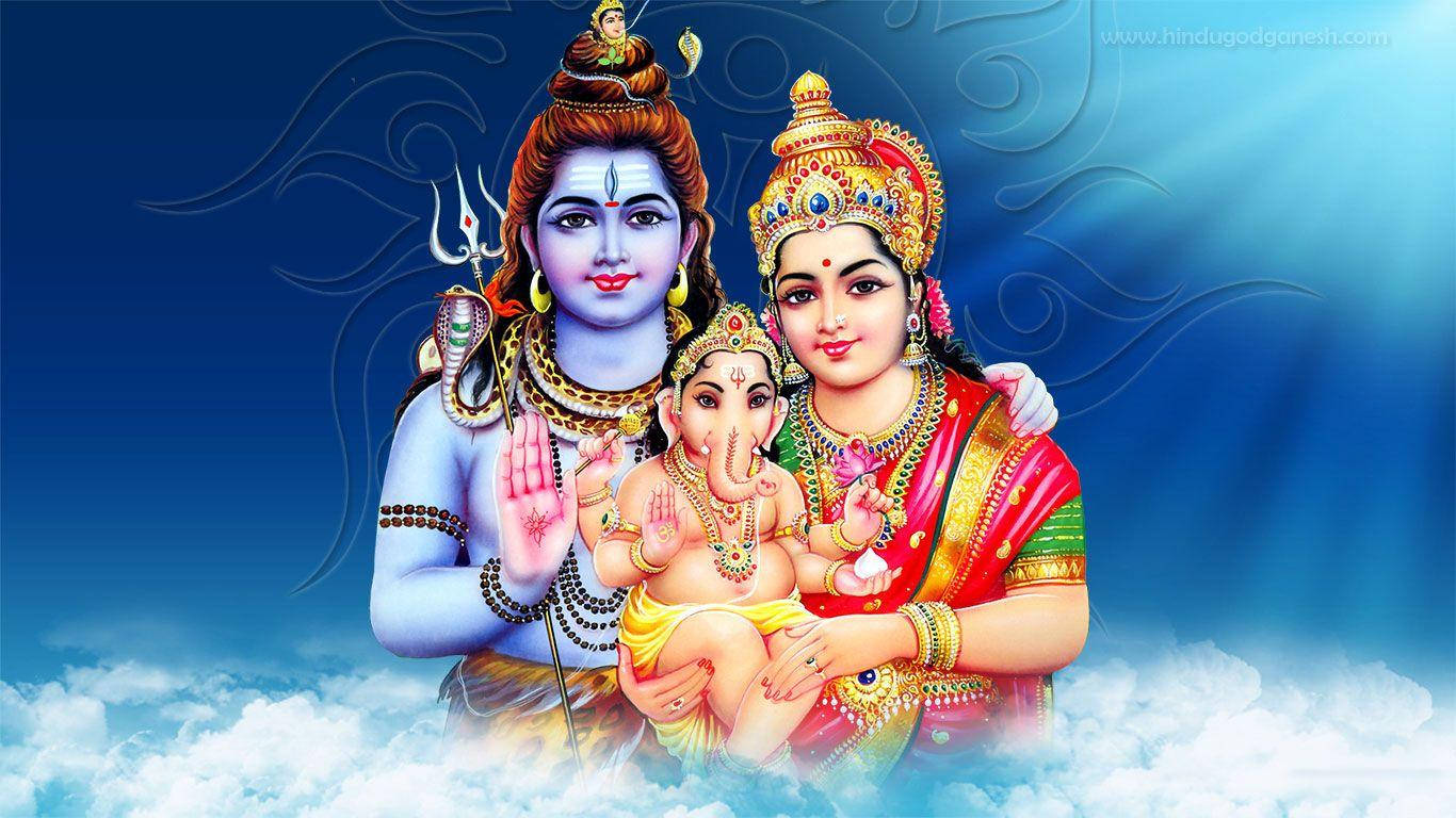 Shiv Parivar In Blue With Clouds Wallpaper