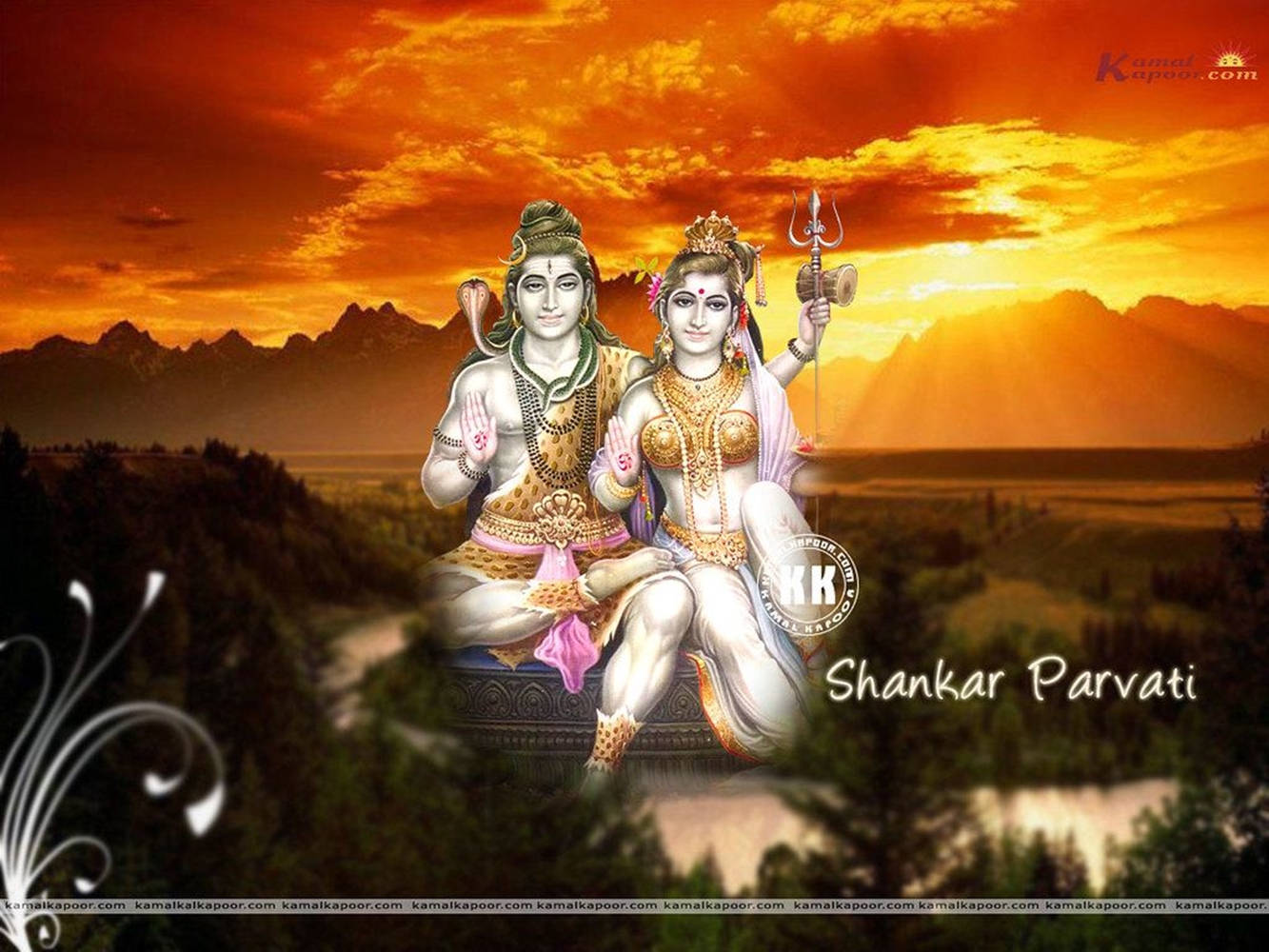 Shiva Parvati On Orange Sunset Wallpaper