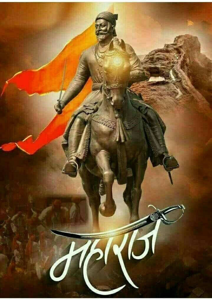Shivaji Maharaj On Horse With Orange Flags Hd Wallpaper
