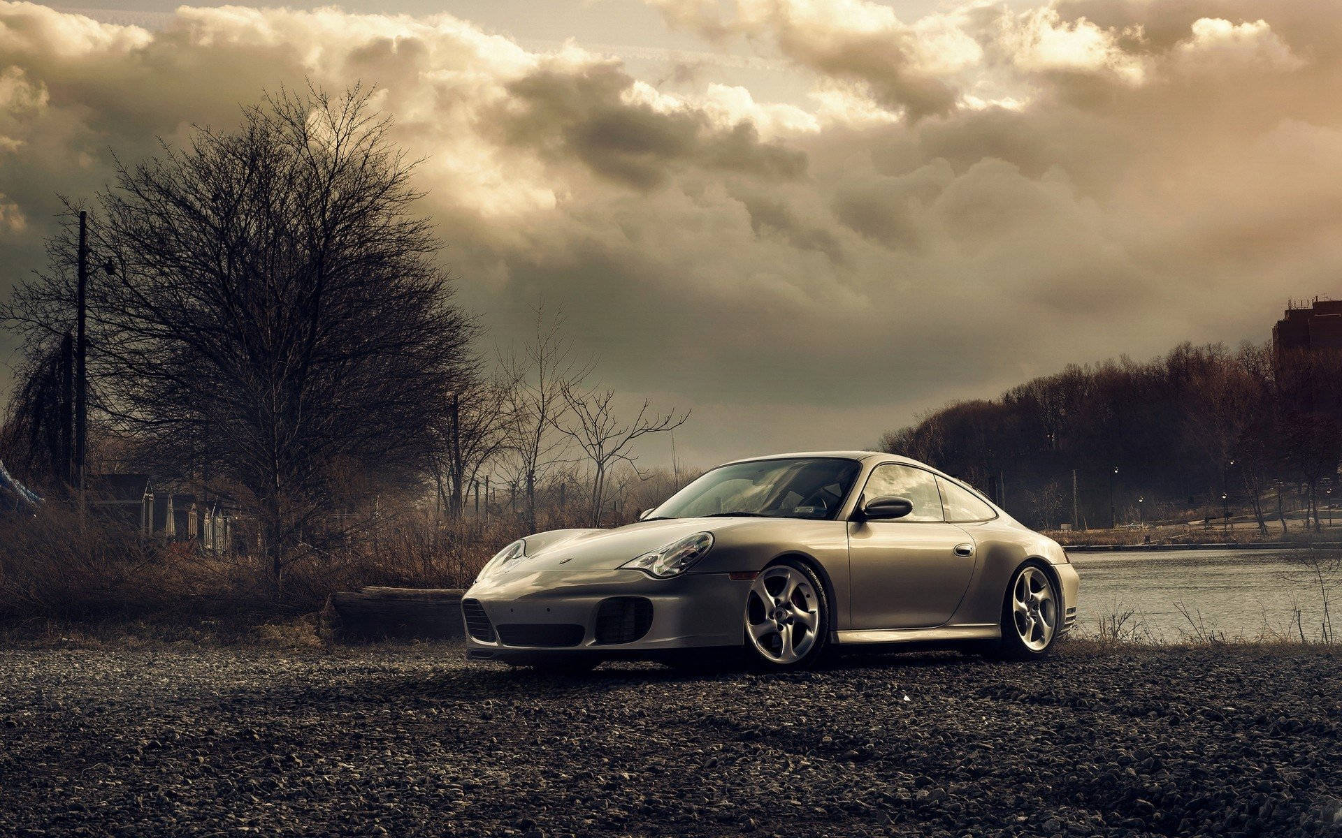 Silver Porsche 911 By The River Wallpaper