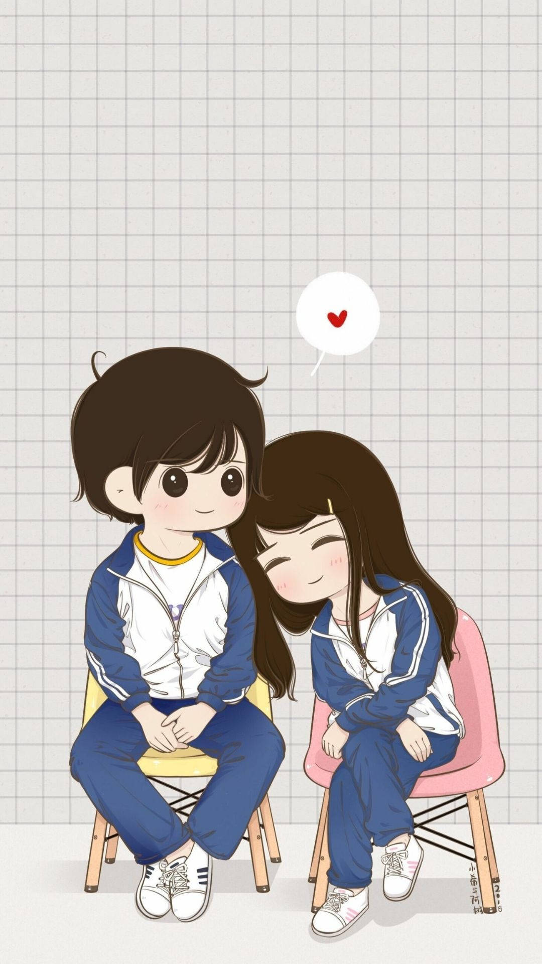 Sitting Cartoon Couple In Tracksuits Wallpaper
