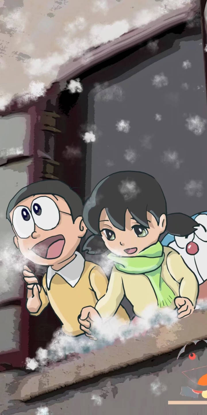 Snow With A Cute Nobita And Shizuka Wallpaper