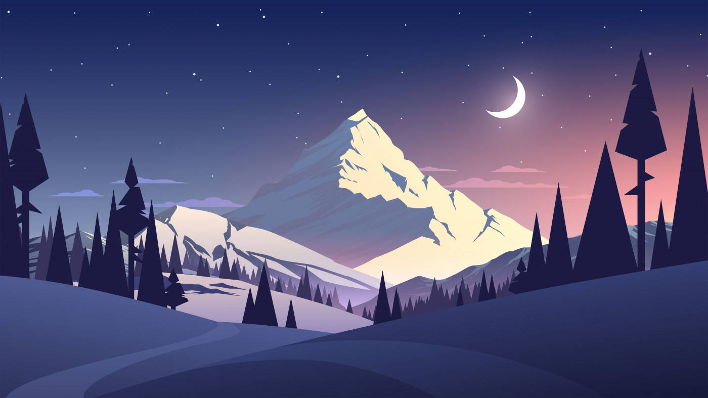 Snowy Mountain With Crescent Moon Illustration Art Wallpaper
