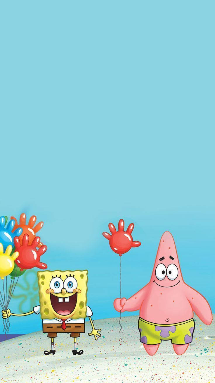 Spongebob And Patrick With Hand Balloons Wallpaper